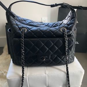 AUTH Chanel hobo bag black w silver hw